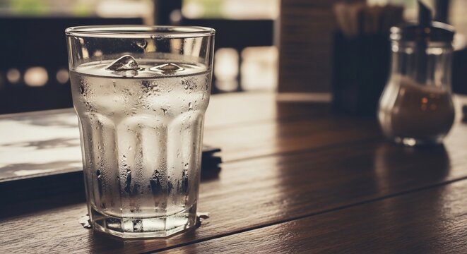 Dew-Kissed Ice Water on Warm Wood Grain