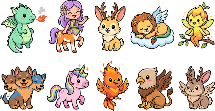 Cute Chibi Mythical Creatures and Fantasy Beasts Vector Character Set with Baby Dragon, Unicorn, Phoenix, Cerberus, Centaur, Griffin, Jackalope, and Fairy Icons