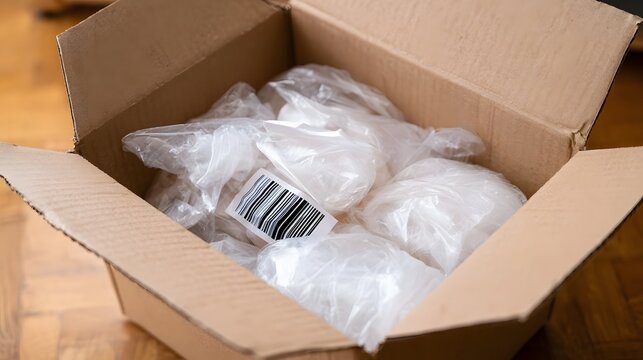 An open cardboard box filled with bubble wrap and a barcode label for shipping or delivery purposes