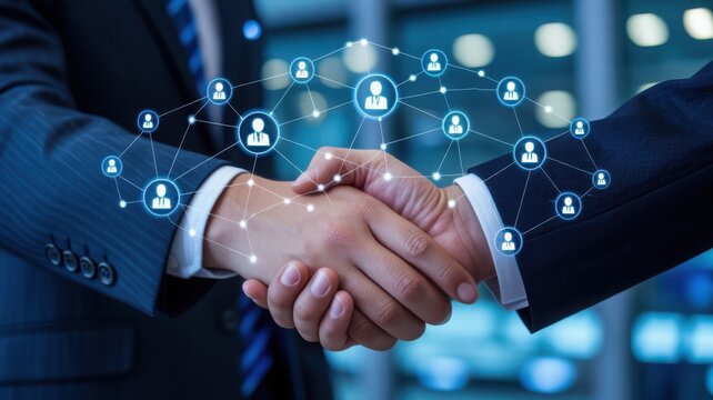Professional handshake between businessmen with a digital global network connection overlay, symbolizing business partnership and cooperation.
