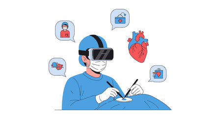 Obraz premium Surgeon performing virtual reality surgery with anatomical heart model illustration, digital healthcare and futuristic medical technology concept