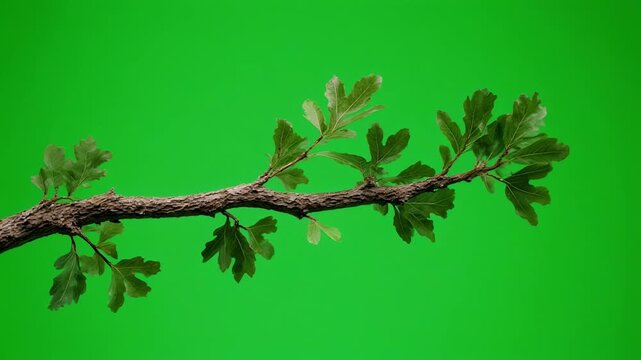 Oak sapling branch with developing leaves against a clean green screen background cinematic motion