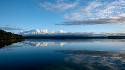 Fototapeta premium A serene lake mirrors a vast sky filled with soft clouds and distant tree lined shores under clear blue daylight