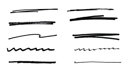 Set of hand-drawn black ink lines, scribbles, and underline strokes on a plain white background © MadhobiRani