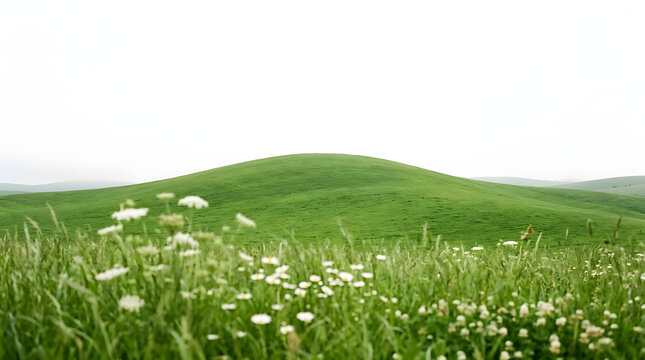 A scenic view of a vibrant green rolling hill landscape with small white wildflowers in the foreground meadow