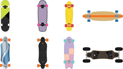 Skateboard and Longboard Vector Set Featuring Various Styles Like Penny Board Cruiser Electric Skateboard and Offroad Mountain Board Top and Bottom Views © MstAkter