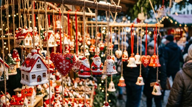 Colorful christmas ornaments hanging at a traditional festive market stall with blurred shoppers in the background