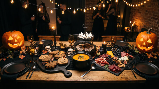 Luxurious Halloween dinner table setup with gothic tableware, pumpkin decor, candles, soup cauldron, and charcuterie board. Spooky party feast concept.