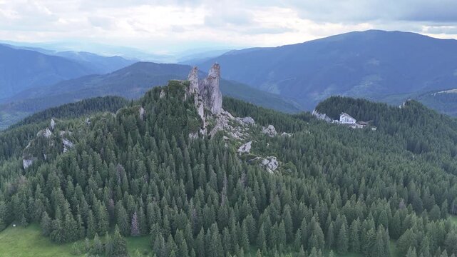 Static shot of Pietrele Doamnei limestone rock formations in Rarau mountains Romania