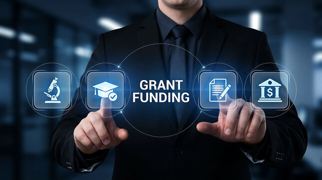 Businessman Using Digital Grant Funding Platform for Research Education and Financial Support