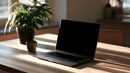 Fototapeta premium A sleek laptop sits open on a wooden desk bathed in warm sunlight beside a potted plant and small cup
