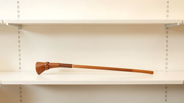 Wooden hurley stick and leather sliotar on off-white shelf, Gaelic sports training concept