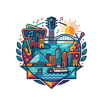 Memphis city vector illustration with music instruments and river landmarks