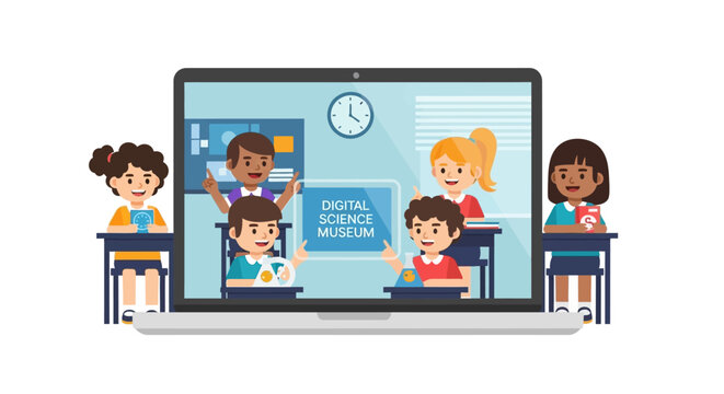 Online Education Concept with Diverse Children Exploring a Digital Science Museum on a Laptop Screen, Flat Vector Illustration for STEM E-Learning