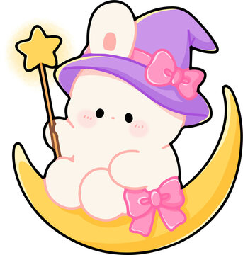 Adorable Bunny Wizard Sitting on Crescent Moon