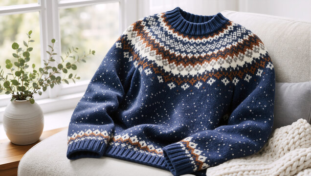 Dark blue knitted sweater with Fair Isle pattern draped on armchair. Warm winter knitwear clothing near window with eucalyptus vase