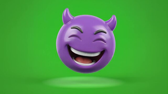 Purple smiling devil face 3d emoji on green screen