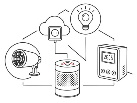 Modern smart home product set featuring smart speaker, security camera, digital thermostat and connected lighting, organized composition, clean vector illustration, technology lifestyle concept