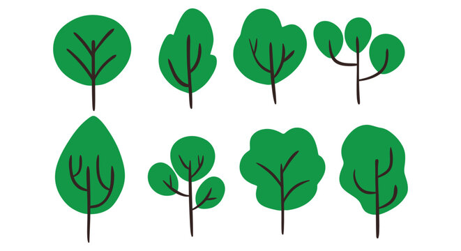 Cute Hand Drawn Green Trees Doodle Collection Simple Minimalist Plants and Nature Elements Set