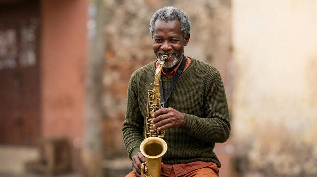 Senior male saxophonist playing jazz music on a city street. Portrait of a smiling street musician performing with a brass instrument