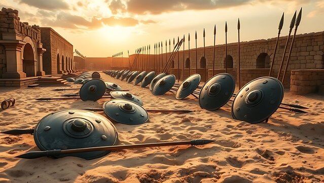 Ancient battlefield with broken shields and spears in golden hour light.
