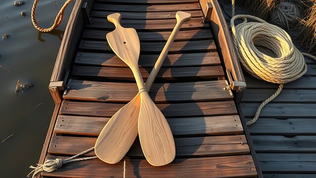 Two wooden oars crossed on an old dock with a coil of rope, golden hour light.
