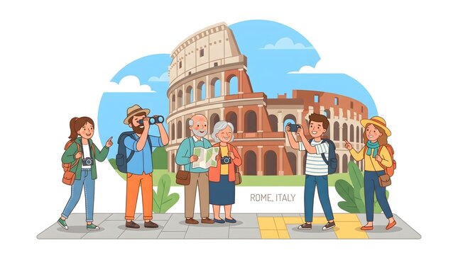Tourists of various ages with backpacks and maps admiring the Colosseum.