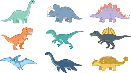 Cute Dinosaur Cartoon Character Set Featuring Various Prehistoric Species Like Tyrannosaurus Triceratops Stegosaurus Brachiosaurus and Pterodactyl for Kids Educational Graphic Designs © MstAkter