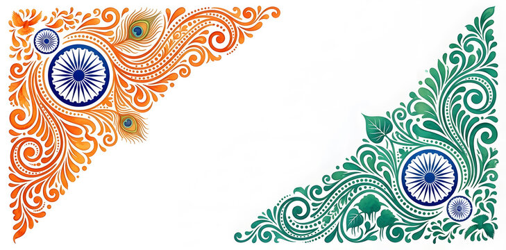  India Independence Day Traditional Corner Design, Ashoka Chakra and Peacock Feather.