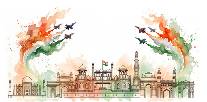 Indian Independence Day watercolor art concept with Red Fort, flag and tricolor jet smoke.