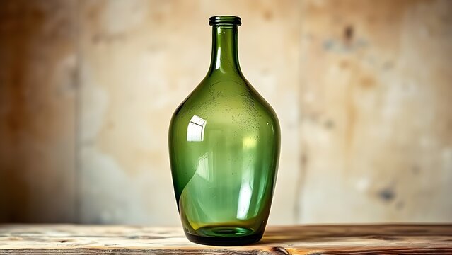 Antique green glass demijohn on rustic shelf, vintage storage and farmhouse decor.