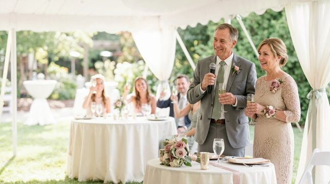 Parents of the bride giving a toast at an outdoor summer wedding reception. Father speaking into a microphone while holding a champagne glass
