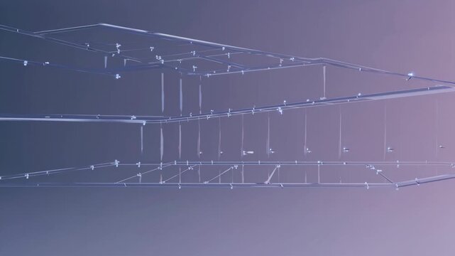 Abstract geometric structure with interconnected lines and nodes gradually shifting perspective against a soft gradient background, showcasing intricate design and spatial depth
