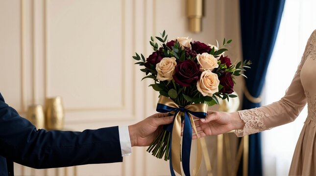 Person in a suit presenting a rose bouquet to their prom date. Couple exchanging flowers tied with a ribbon before a graduation ball or formal event