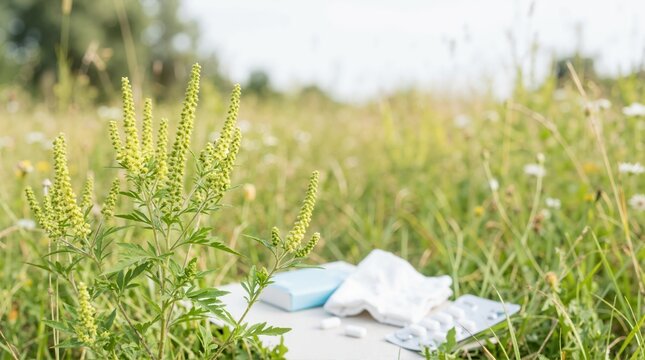 Blooming ragweed plant in a grassy field with allergy medication. Tissues and antihistamine pills in the background representing seasonal summer hay fever relief