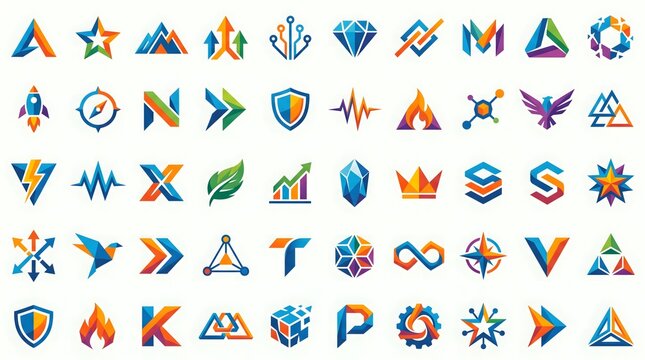 Colorful collection of modern, abstract, geometric logo designs with varied.
