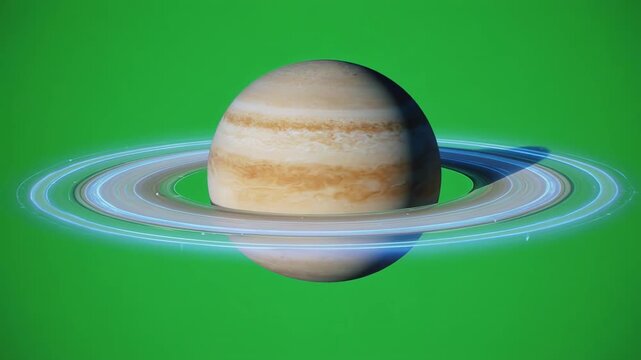 Saturn planet with glowing rings rotating in green space cinematic motion