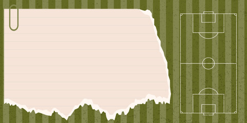 Torn lined notebook paper with paperclip beside a vertical soccer field diagram on striped green grass background, ideal for football coaching plans and match strategy templates © Iryna