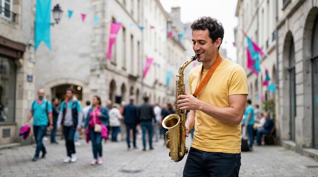 Street musician playing saxophone on a city street. Male saxophonist performing outdoors during Fete de la Musique festival. Urban music performance concept