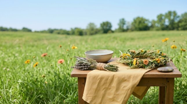 Summer solstice ritual items on a wooden table in a grassy field. Flower wreath, herb bundle, and water bowl for midsummer celebration. Pagan tradition and nature blessing concept