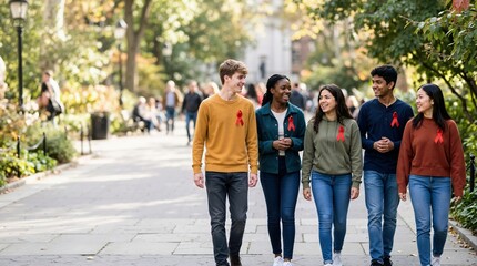 Obraz premium Diverse group of teenagers walking in a park wearing red ribbons. Young friends showing solidarity and support for World AIDS Day awareness campaign