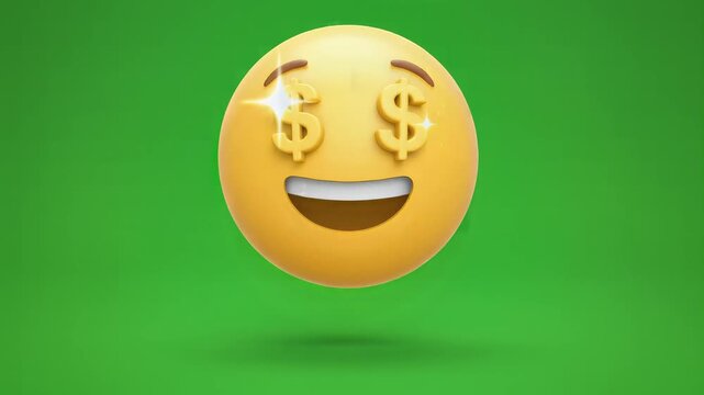 Money eyes three dimensional emoji face laughing on green screen