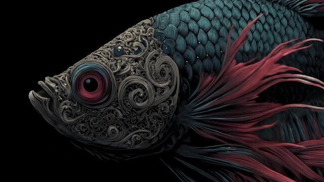 Close up of ornate siamese fighting fish against a black background