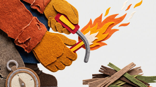 Craftsman starting a fire with tools and kindling on a table  