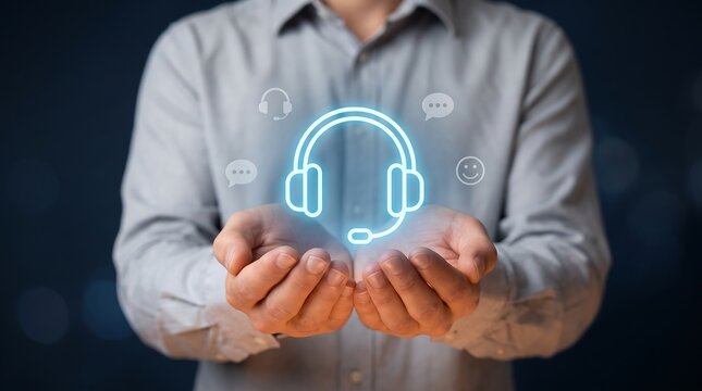 Person presenting headset icon. Customer support concept isolated on transparent background.