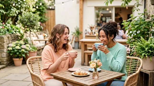 Two young women laughing and drinking lattes at an outdoor cafe. Friends enjoying coffee and a croissant at a wooden table for Friendship Day