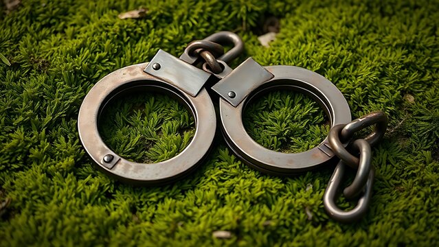 Aged rusted handcuffs lying open on soft green moss, broken chain links beside them.