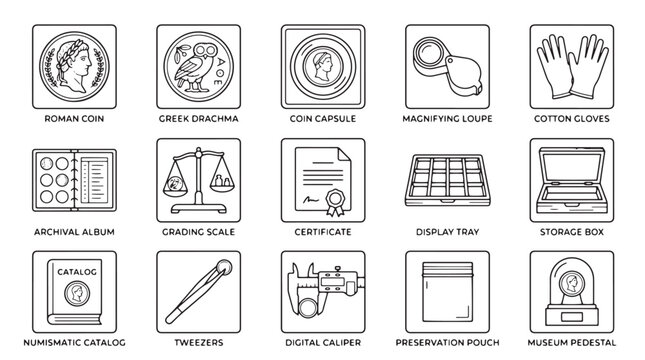 Numismatic coin collecting line icons, 15 professional currency appraisal and storage elements, antique coin grading and preservation vector set