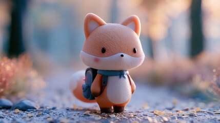 Fototapeta premium A small fox character with a backpack walks along a forest path blanketed with tiny leaves. The scene shows autumn colors in soft tones.