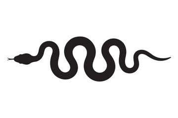 Fototapeta premium This is a clean, modern black silhouette vector icon of a snake slithering horizontally in a wavy pattern, featuring a detailed head and forked tongue against a plain white background.